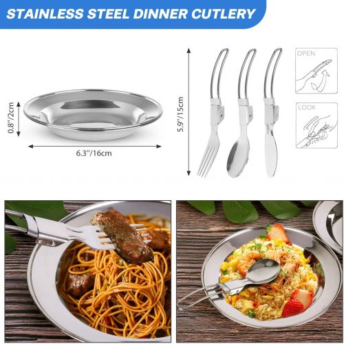  Odoland 15pcs Camping Cookware Mess Kit, Non-Stick Lightweight Pot Pan Kettle Set with Stainless Steel Cups Plates Forks Knives Spoons for Camping, Backpacking, Outdoor Cooking and