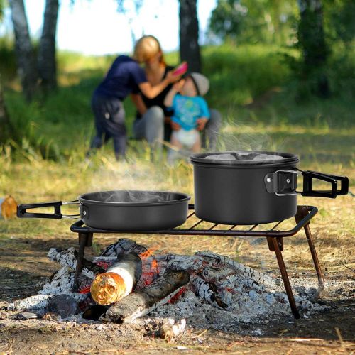  Odoland 15pcs Camping Cookware Mess Kit, Non-Stick Lightweight Pot Pan Kettle Set with Stainless Steel Cups Plates Forks Knives Spoons for Camping, Backpacking, Outdoor Cooking and