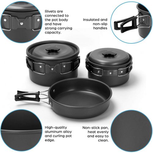  Odoland 16pcs Camping Cookware Mess Kit with Folding Camping Stove, Non-Stick Lightweight Pots Pan Set with Stainless Steel Cups Plates Forks Knives Spoons for Camping, Backpacking