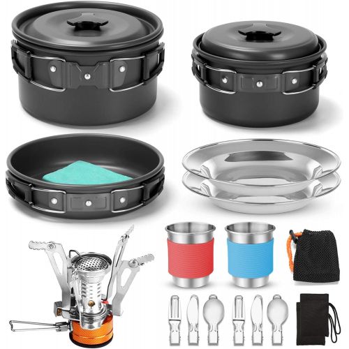  Odoland 16pcs Camping Cookware Mess Kit with Folding Camping Stove, Non-Stick Lightweight Pots Pan Set with Stainless Steel Cups Plates Forks Knives Spoons for Camping, Backpacking