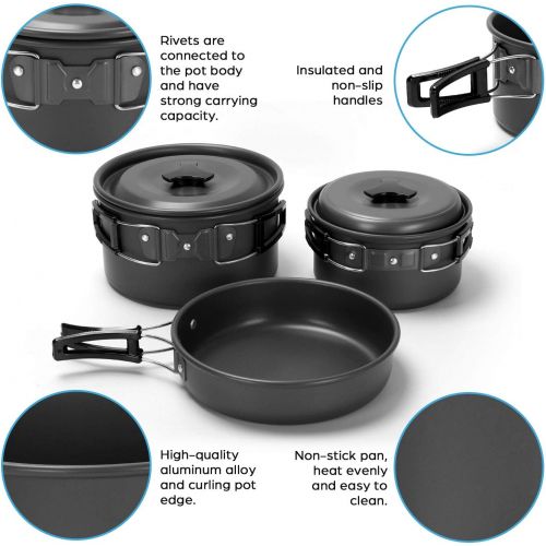  Odoland 15pcs Camping Cookware Mess Kit, Non-Stick Lightweight Pots Pan Set with Stainless Steel Cups Plates Forks Knives Spoons for Camping, Backpacking, Outdoor Cooking and Picni