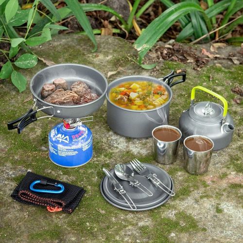  Odoland Bundle ? 2 Items 12pcs Camping Cookware Mess Kit with Mini Stove and Folding Campfire Grill for Outdoor Backpacking Hiking BBQ