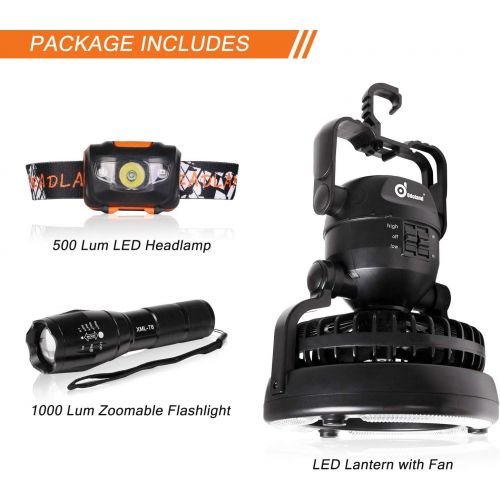 Odoland 3 in 1 Portable LED Camping Lantern with Ceiling Fan, Handheld LED Flashlight and Headlamp Kit for Outdoor Hiking Fishing Camping and Hurricane Emergency