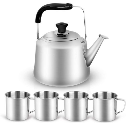  Odoland 4L Camping Kettle Set with 4 Cups, Durable Stainless Steel Camp Tea Coffee Water Pot with 4 Mugs for Hiking, Backpacking, Outdoor Camping and Picnic, Carrying Bag Included