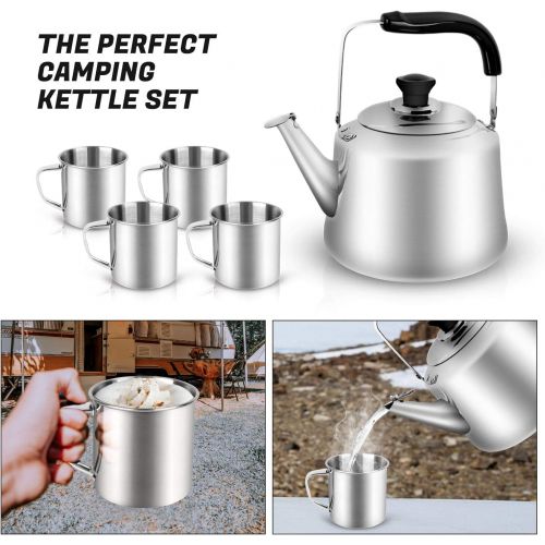  Odoland 4L Camping Kettle Set with 4 Cups, Durable Stainless Steel Camp Tea Coffee Water Pot with 4 Mugs for Hiking, Backpacking, Outdoor Camping and Picnic, Carrying Bag Included