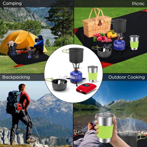  Odoland 9pcs Camping Cookware Mess Kit with Pocket Picnic Blanket, Non Stick Lightweight Pot Pan Set with Stainless Steel Cups Forks Knives Spoons for Camping, Backpacking, Outdoor