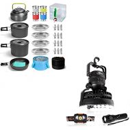 Odoland Bundle 2 Items 29pcs Camping Cookware Mess Kit and 3 in 1 Portable LED Camping Lantern with Ceiling Fan