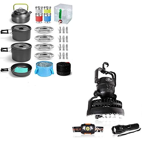  Odoland Bundle 2 Items 29pcs Camping Cookware Mess Kit and 3 in 1 Portable LED Camping Lantern with Ceiling Fan