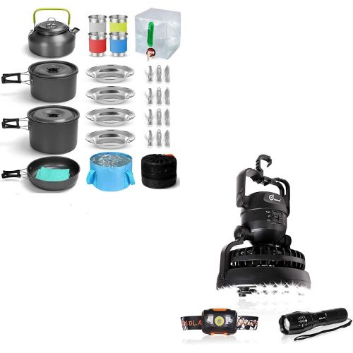  Odoland Bundle 2 Items 29pcs Camping Cookware Mess Kit and 3 in 1 Portable LED Camping Lantern with Ceiling Fan