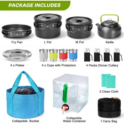  Odoland Bundle 2 Items 29pcs Camping Cookware Mess Kit and 3 in 1 Portable LED Camping Lantern with Ceiling Fan