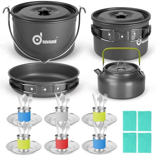  Odoland 39pcs Camping Cookware Mess Kit for 6 and More and 3500W Windrpoof Camp Stove Camping Gas Stove Kit