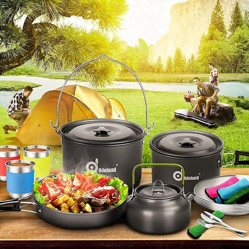  Odoland 39pcs Camping Cookware Mess Kit for 6 and More and 3500W Windrpoof Camp Stove Camping Gas Stove Kit