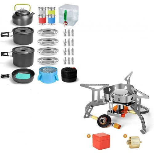  Odoland Bundle - 2 Items 29pcs Camping Cookware Mess Kit and 3500W Windrpoof Camp Stove Camping Gas Stove Kit