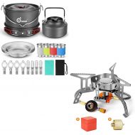 Odoland Bundle ? 2 Items 22pcs Camping Cookware Mess Kit and 3500W Windrpoof Camp Stove Camping Gas Stove Kit