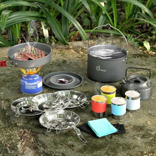  Odoland Bundle ? 2 Items 22pcs Camping Cookware Mess Kit and 3500W Windrpoof Camp Stove Camping Gas Stove Kit