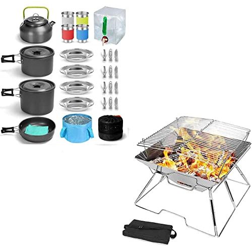  Odoland Bundle 2 Items 29pcs Camping Cookware Mess Kit and Folding Campfire Grill for Outdoor Backpacking Hiking BBQ