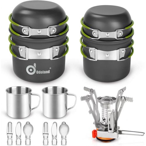  Odoland 16pcs Camping Cookware Mess Kit, Lightweight Pot Pan Mini Stove with 2 Cups, Fork Spoon Kits for Backpacking, Outdoor Camping Hiking and Picnic