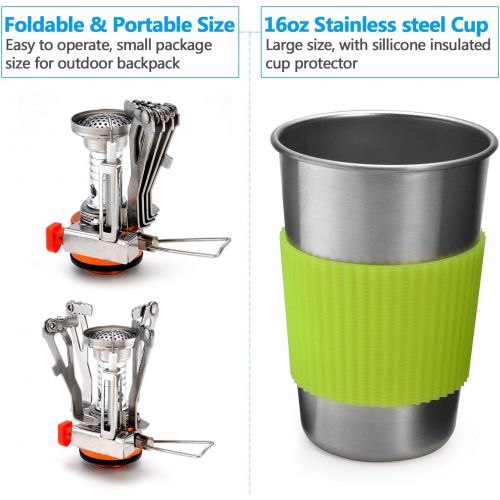  Odoland Camping Cookware Stove Carabiner Canister Stand Tripod and Stainless Steel Cup, Tank Bracket, Fork Spoon Kit for Backpacking, Outdoor Camping Hiking and Picnic