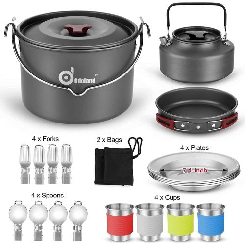  Odoland Bundle ? 2 Items 22pcs Camping Cookware Mess Kit and Folding Campfire Grill for Outdoor Backpacking Hiking BBQ
