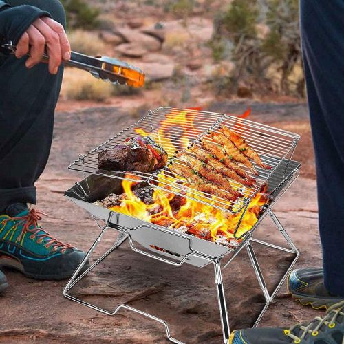  Odoland Bundle ? 2 Items 22pcs Camping Cookware Mess Kit and Folding Campfire Grill for Outdoor Backpacking Hiking BBQ