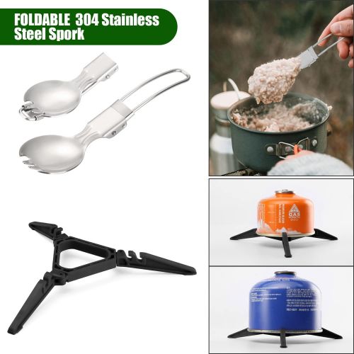  Odoland 8pcs Camping Cookware Mess Kit, Camping Pot and Pan Set with Mini Backpacking Stove, Stainless Steel Cup, Spork and Tank Bracket, Cooking Gear for Outdoor, Hiking, Picnic,