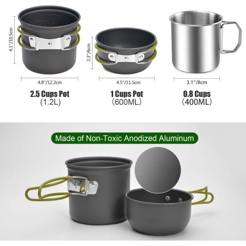  Odoland 8pcs Camping Cookware Mess Kit, Camping Pot and Pan Set with Mini Backpacking Stove, Stainless Steel Cup, Spork and Tank Bracket, Cooking Gear for Outdoor, Hiking, Picnic,