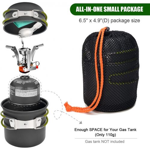  Odoland 8pcs Camping Cookware Mess Kit, Camping Pot and Pan Set with Mini Backpacking Stove, Stainless Steel Cup, Spork and Tank Bracket, Cooking Gear for Outdoor, Hiking, Picnic,