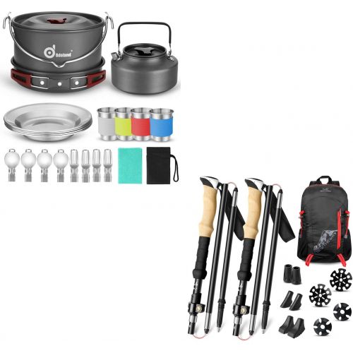  Odoland Bundle - 2 Items 22pcs Camping Cookware Mess Kit and 2 Pack Collapsible Trekking Poles