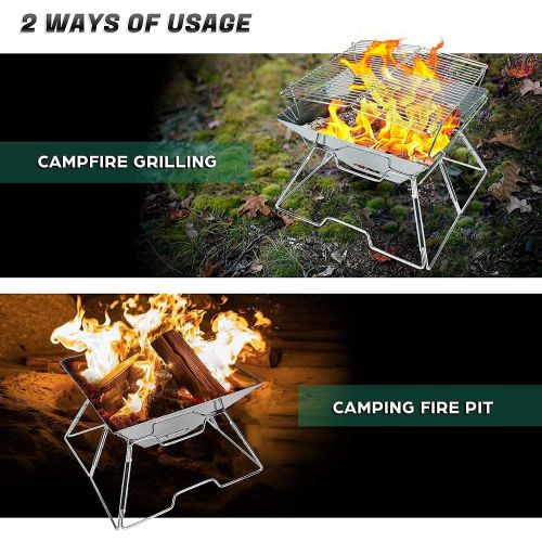  Odoland Bundle ? 2 Items 10pcs Camping Cookware Mess Kit and Folding Campfire Grill, Camping Fire Pit, Outdoor Wood Stove Burner for Outdoor Backpacking Hiking BBQ