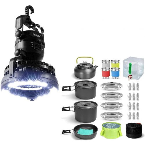  Odoland Bundle - 2 Items Portable LED Camping Lantern Ceiling Fan and 29pcs Camping Cookware Mess Kit for Outdoor Backpacking Picnic