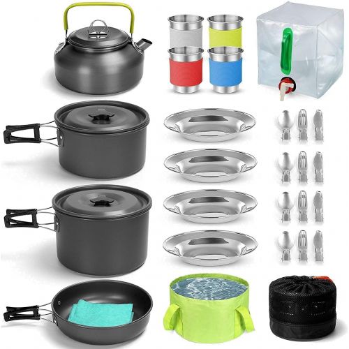  Odoland Bundle - 2 Items Portable LED Camping Lantern Ceiling Fan and 29pcs Camping Cookware Mess Kit for Outdoor Backpacking Picnic