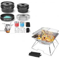 Odoland 16pcs Camping Cookware Mess Kit with Folding Camping Stove and Folding Campfire Grill for Outdoor Backpacking Hiking BBQ