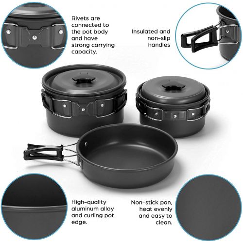  Odoland 16pcs Camping Cookware Mess Kit with Folding Camping Stove and Folding Campfire Grill for Outdoor Backpacking Hiking BBQ