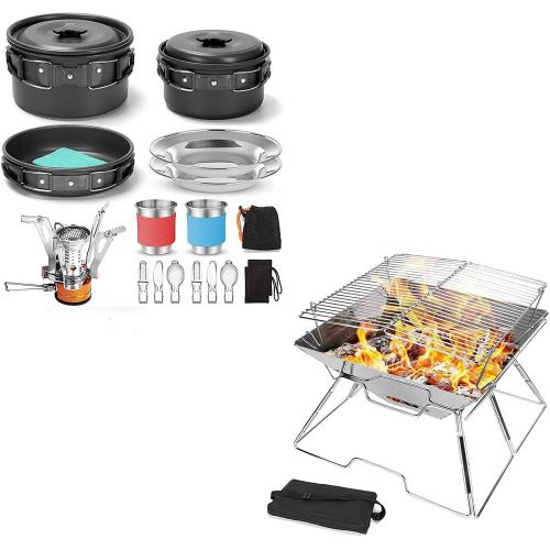  Odoland 16pcs Camping Cookware Mess Kit with Folding Camping Stove and Folding Campfire Grill for Outdoor Backpacking Hiking BBQ