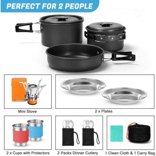  Odoland 16pcs Camping Cookware Mess Kit with Folding Camping Stove and LED Camping Lantern with Fan