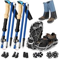 Odoland Collapsible Trekking Poles with Crampons and Leg Gaiters, 2 Pack Hiking Walking Sticks, 21 Stainless Steel Ice Cleats for Shoes Boots Safe Protection for Climbing Snow Moun