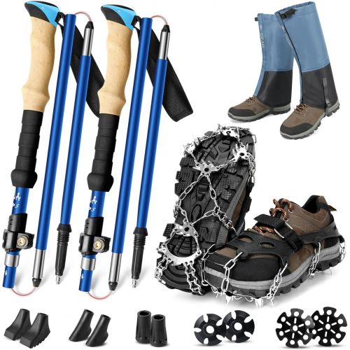  Odoland Collapsible Trekking Poles with Crampons and Leg Gaiters, 2 Pack Hiking Walking Sticks, 21 Stainless Steel Ice Cleats for Shoes Boots Safe Protection for Climbing Snow Moun