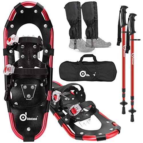  Odoland 4-in-1 Snowshoes for Men Women Youth Kids with Trekking Poles, Waterproof Snow Leg Gaiters and Carrying Tote Bag, Lightweight Snow Shoes Easy to Wear Aluminum Alloy, Size 2