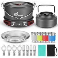 [아마존베스트]Odoland 22pcs Camping Cookware Mess Kit, Large Size Hanging Pot Pan Kettle with Base Cook Set for 4, Cups Dishes Forks Spoons Kit for Outdoor Camping Hiking and Picnic