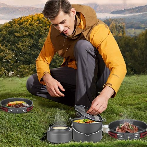  [아마존베스트]Odoland 22pcs Camping Cookware Mess Kit, Large Size Hanging Pot Pan Kettle with Base Cook Set for 4, Cups Dishes Forks Spoons Kit for Outdoor Camping Hiking and Picnic