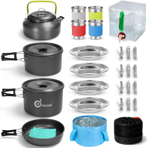  [아마존베스트]Odoland 29pcs Camping Cookware Mess Kit, Non-Stick Lightweight Pots Pan Kettle, Collapsible Water Container and Bucket, Stainless Steel Cups Plates Forks Knives Spoons for Outdoor