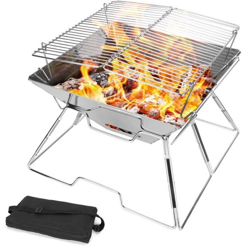  Odoland Folding Campfire Grill, Camping Fire Pit, Outdoor Wood Stove Burner, 304 Premium Stainless Steel, Portable Camping Charcoal Grill with Carrying Bag for Backpacking Hiking T