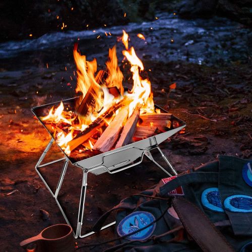  Odoland Folding Campfire Grill, Camping Fire Pit, Outdoor Wood Stove Burner, 304 Premium Stainless Steel, Portable Camping Charcoal Grill with Carrying Bag for Backpacking Hiking T