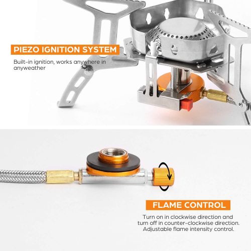  Odoland 3500W Windproof Camp Stove Camping Gas Stove with Fuel Canister Adapter, Piezo Ignition, Carry Case, Portable Collapsible Stove Burner for Outdoor Backpacking Hiking and Pi