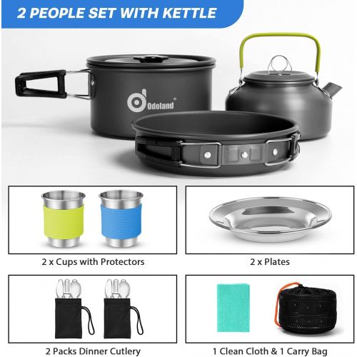  Odoland 15pcs Camping Cookware Mess Kit, Non-Stick Lightweight Pot Pan Kettle Set with Stainless Steel Cups Plates Forks Knives Spoons for Camping, Backpacking, Outdoor Cooking and