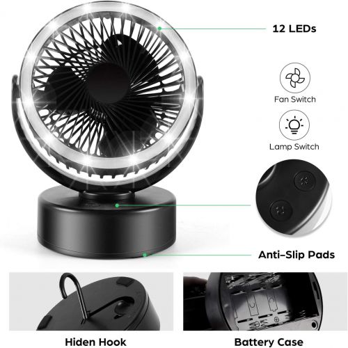  Odoland Portable Camping Fan with LED Lantern, Battery Operated Tent Fan Light Lamp with Hanging Hook for Camping, Hiking, Hurricane, Outages, Emergency Survival Gear