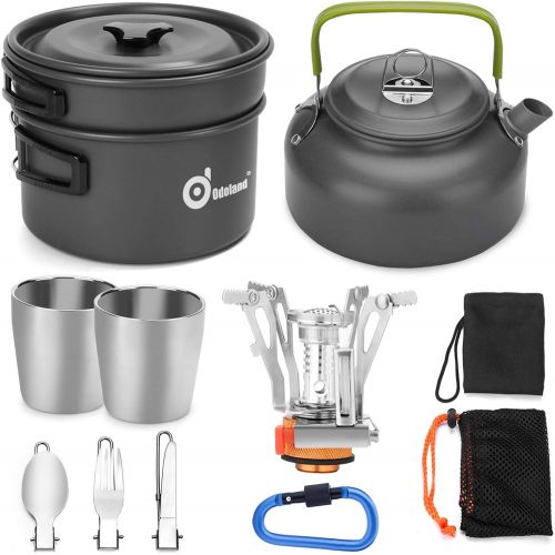  Odoland 12pcs Camping Cookware Mess Kit with Mini Stove, Lightweight Pot Pan Kettle with 2 Cups, Fork Spoon Kit for Backpacking, Outdoor Camping Hiking and Picnic