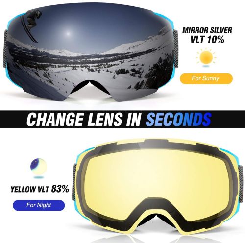  Odoland Magnetic Interchangeable Ski Goggles with 2 Lens, Large Spherical Frameless Snow Snowboard Goggles for Men Women