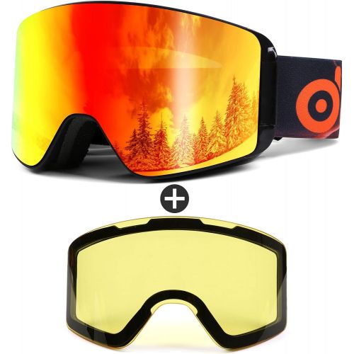  Odoland Ski Goggles with Detachable Lens, Frameless Interchangeable Lens Anti-Fog 100% UV Protection Snowboard Snow Goggles