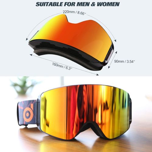  Odoland Ski Goggles with Detachable Lens, Frameless Interchangeable Lens Anti-Fog 100% UV Protection Snowboard Snow Goggles